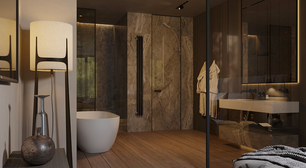 Дизайн интерьера спальни коттеджа совмещенной с ванной. Вид 1