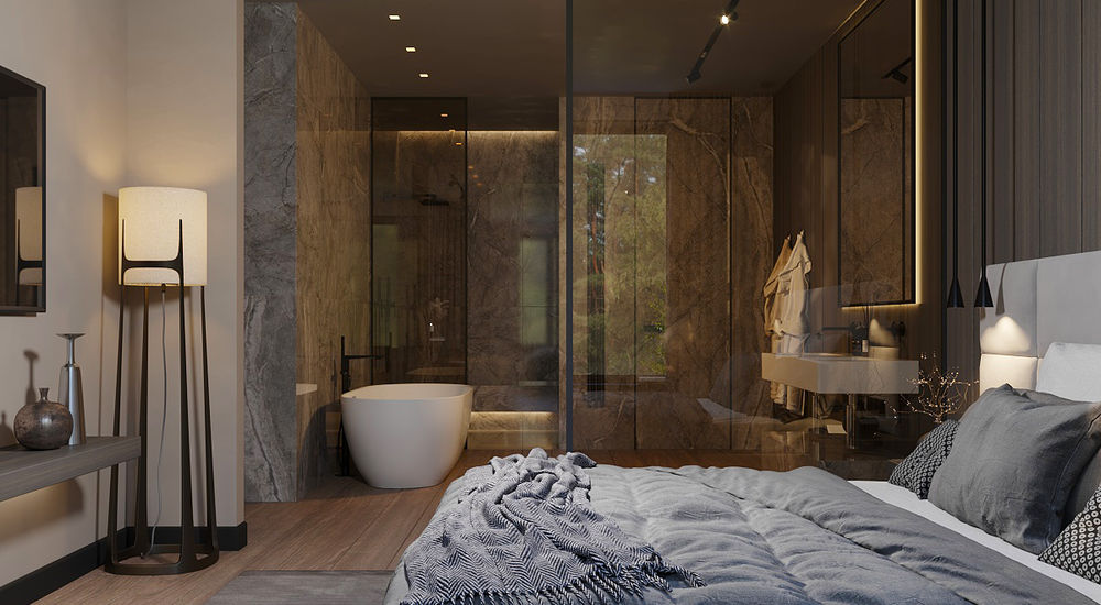 Дизайн интерьера спальни коттеджа совмещенной с ванной. Вид 2