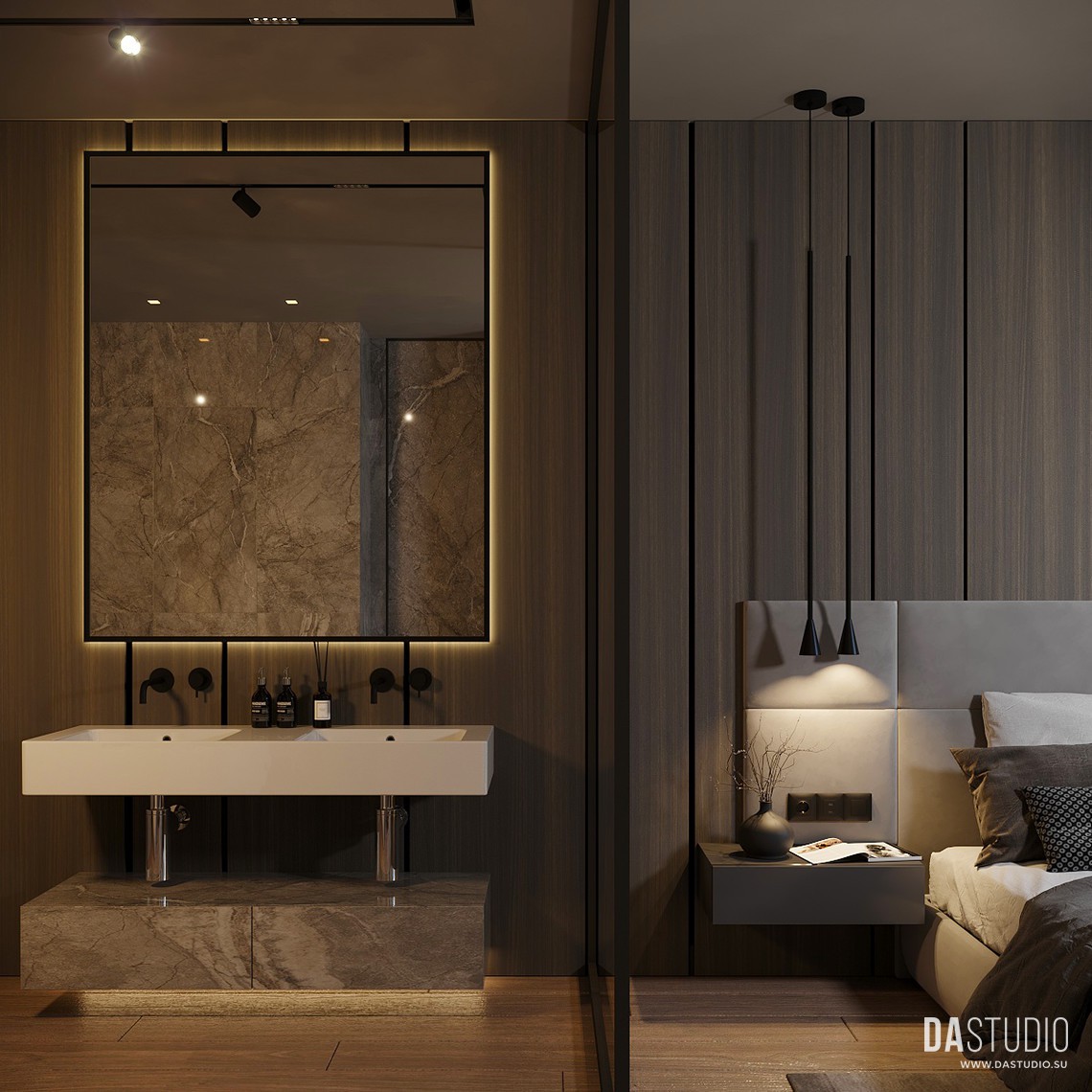 Дизайн интерьера спальни коттеджа совмещенной с ванной. Вид 4
