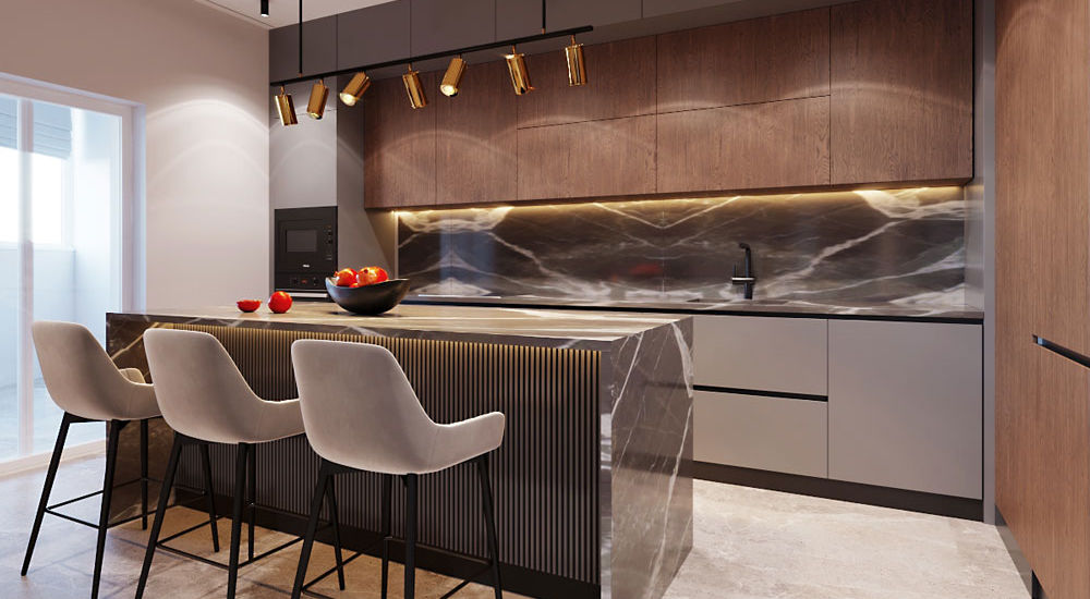 Дизайн квартиры в подмосковье площадью 107 кв. м. Зона кухни. Вид 1