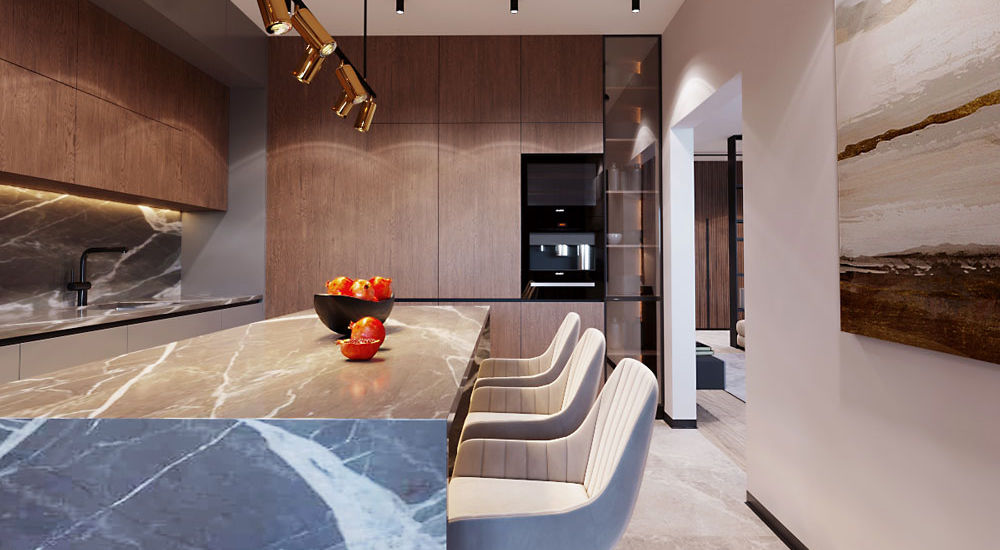 Дизайн квартиры в подмосковье площадью 107 кв. м. Зона кухни. Вид 2