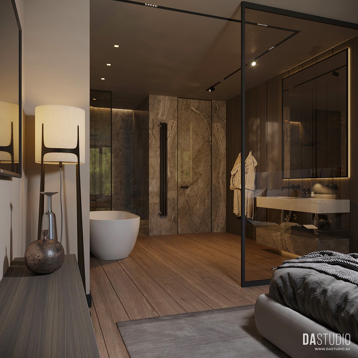 Дизайн интерьера спальни коттеджа совмещенной с ванной. Вид 1