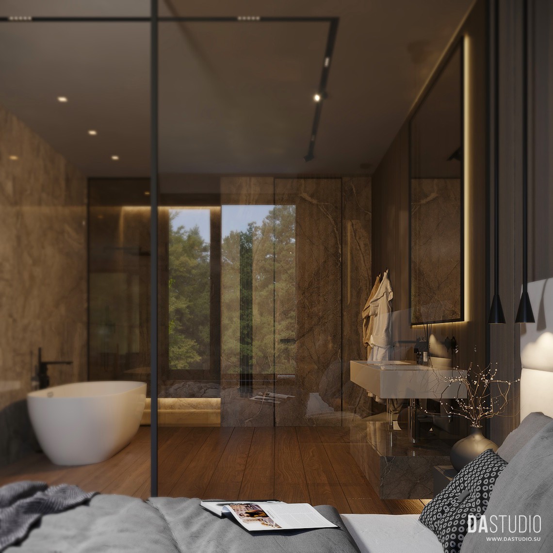 Дизайн интерьера спальни коттеджа совмещенной с ванной. Вид 3